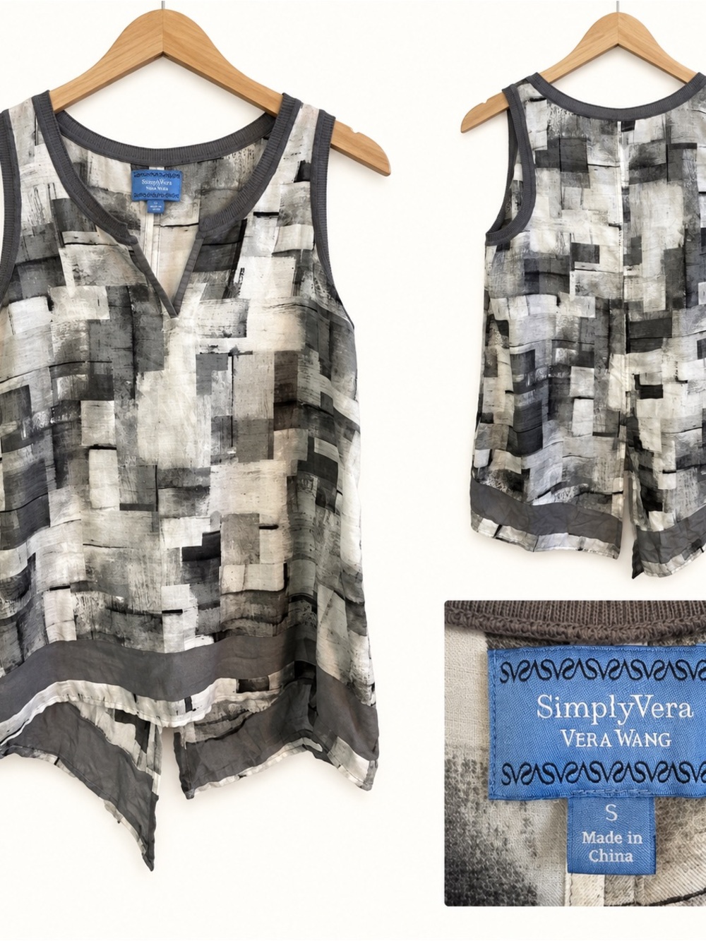 Simply Vera Vera Wang Gray & White Abstract Print Handkerchief Hem Tank